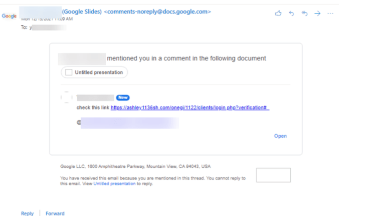 aperçu courriel commentaire frauduleux Google Docs Slides