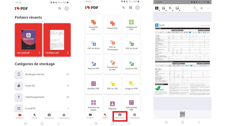 Application iLovePDF fusionner convertir modifier s&eacute;curiser fichiers PDF t&eacute;l&eacute;phone intelligent Android iOS