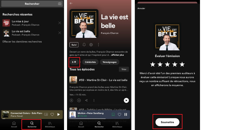 La marche à suivre pour noter un podcast sur l’application Spotify. comment noter étoiles podcast balado Spotify