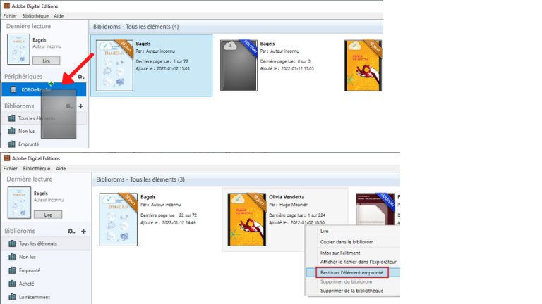 comment transf&eacute;rer livre liseuse restituer quand termin&eacute;