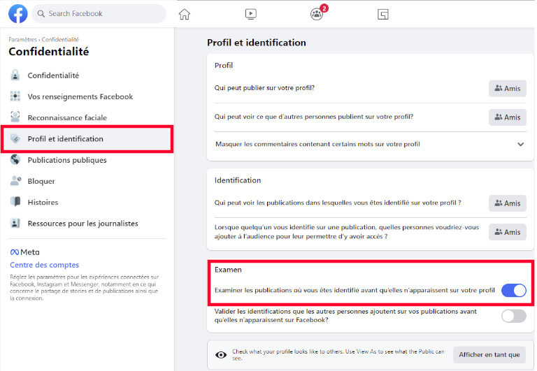 comment examiner et valider identification publications facebook profil