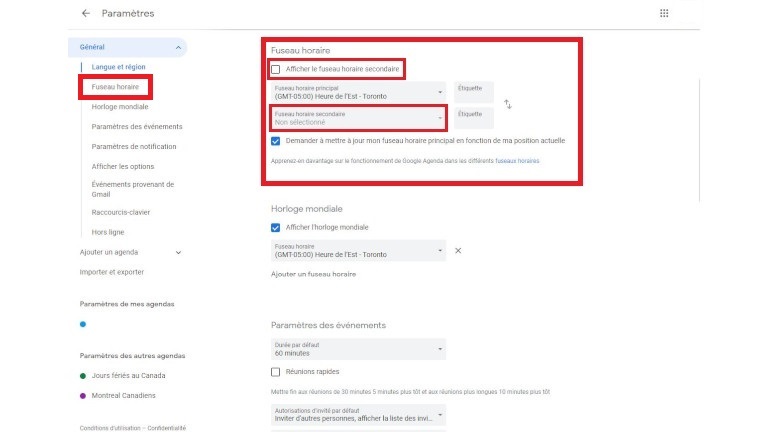 Configurer second fuseau horaire param&egrave;tres Google Agenda