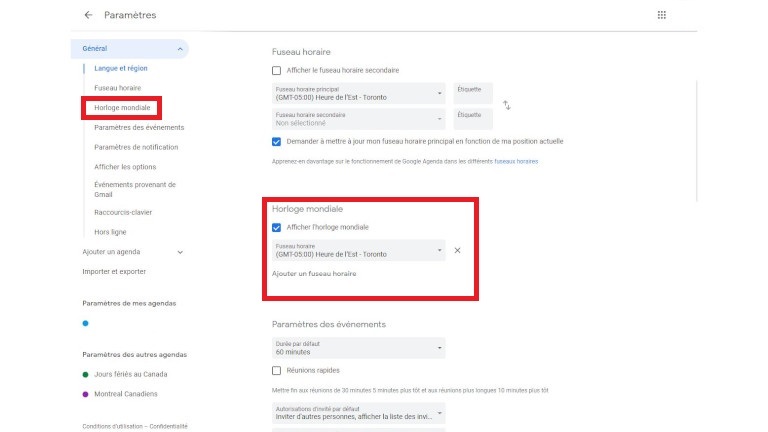 Afficher l'horloge mondiale param&egrave;tres Google Agenda