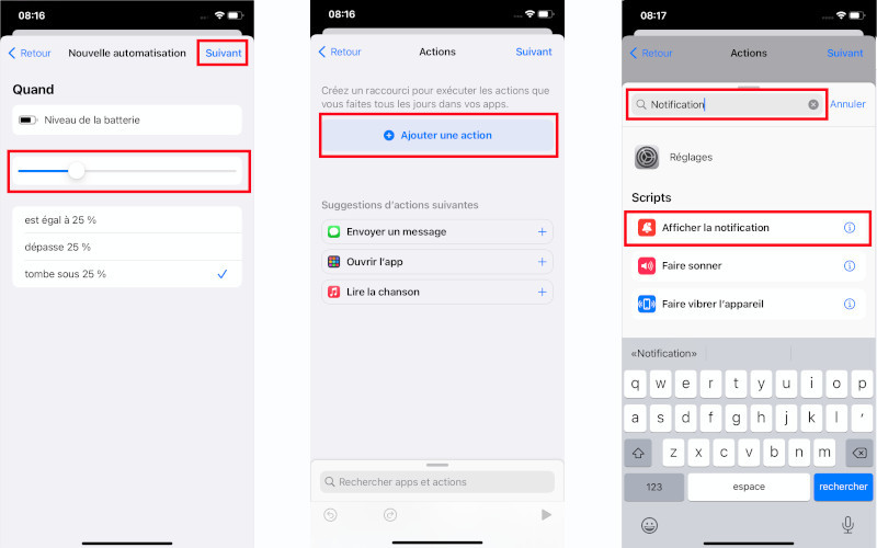 iPhone iPad raccourcis notification niveau batterie pile