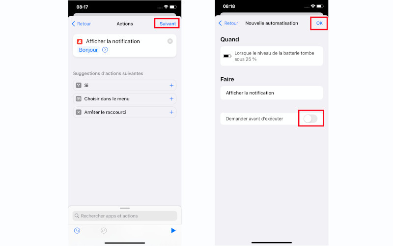 iPhone iPad raccourcis notification niveau batterie pile