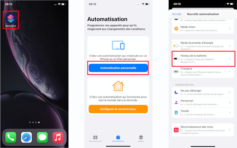 iPhone iPad raccourcis notification niveau batterie pile