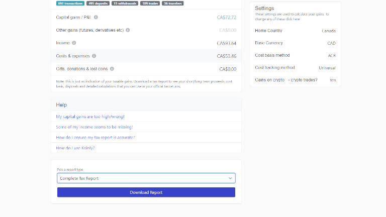 Koinly rapport performances imp&ocirc;ts cryptomonnaies