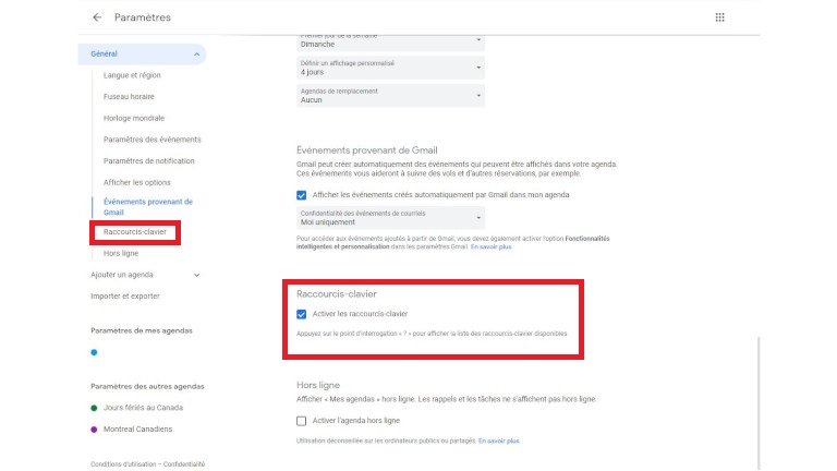 Activer raccourcis clavier Google Agenda