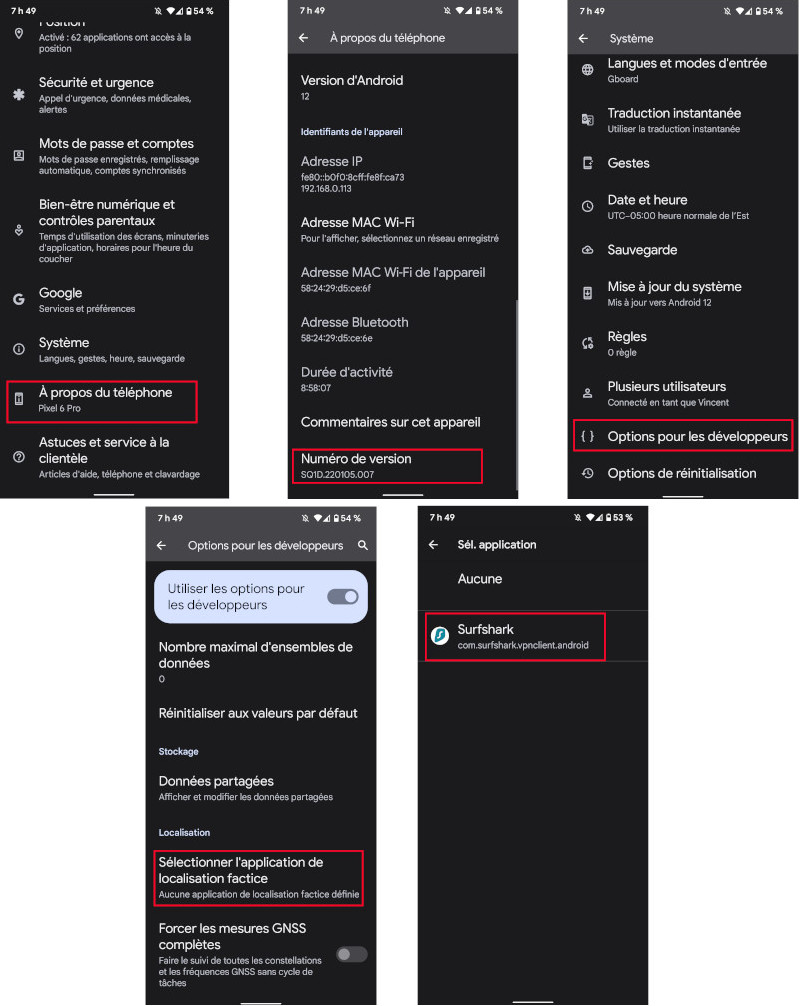 Voici comment autoriser SurfShark à remplacer notre position GPS dans les paramètres d’Android. SurfShark remplacer position GPS paramètres téléphone tablette Android