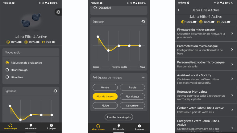 L’application Sound+ nous permet de configurer les écouteurs Jabra Elite 4 Active à notre goût. Application Sound+ Jabra