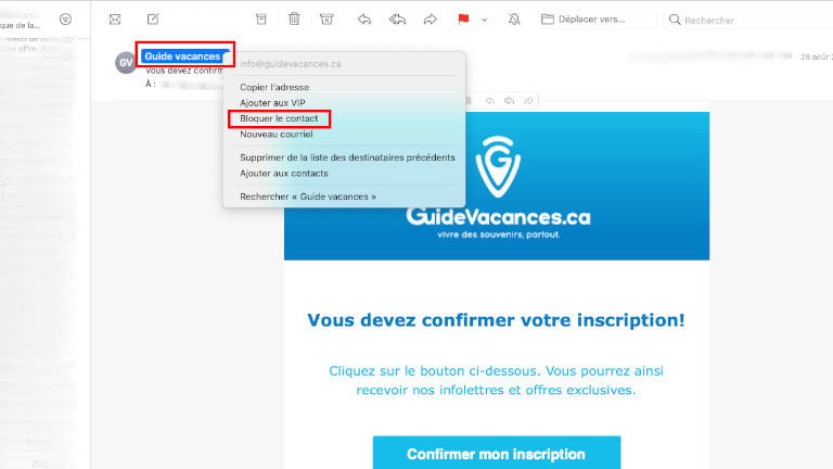 Voici la 1re façon de bloquer un expéditeur de courriel à partir de l’application Mail sur un ordinateur Mac. Comment bloquer contact expéditeur courriel Mail Mac