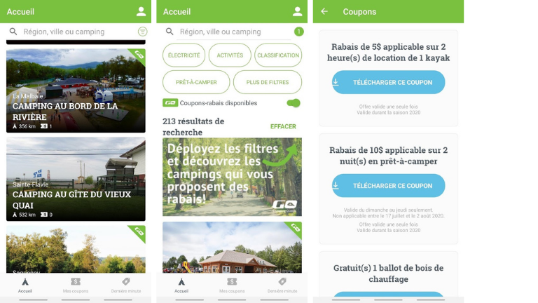 application mobile go camping Qu&eacute;bec coupons rabais