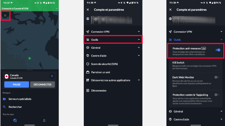 Voici comment activer la protection anti-menaces de NordVPN sur l’application mobile NordVPN activer protection anti-menaces application mobile