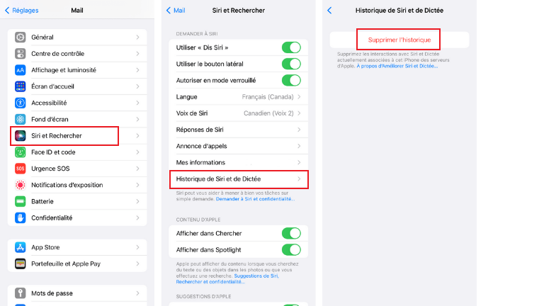 La marche à suivre pour supprimer l’historique enregistré de Siri et de dictée. comment supprimer historique Siri dictée iPhone iPad