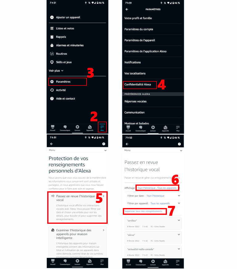&Eacute;tapes supprimer enregistrements assistant vocal Alexa Echo Amazon