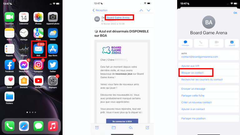 Voici la 1re façon de bloquer un expéditeur de courriel à partir de l’application Mail sur iPhone et iPad. 1re façon bloquer contact courriel Mail iPhone iPad