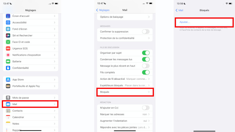 Voici la 2e façon de bloquer un expéditeur de courriel à partir de l’application Réglages sur iPhone et iPad. 2e façon bloquer contact Mail iPhone iPad