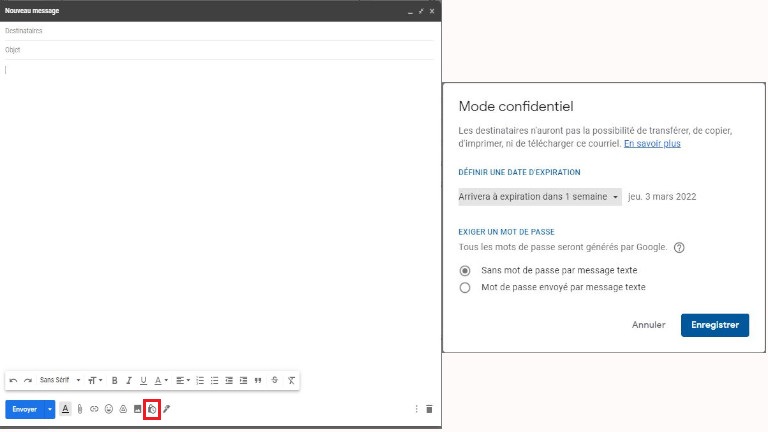 ordinateur gmail autodestruction mode confidentiel courriel envoie s&eacute;curitaire