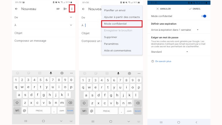 t&eacute;l&eacute;phone intelligent gmail mode confidentiel autodestruction courriel application