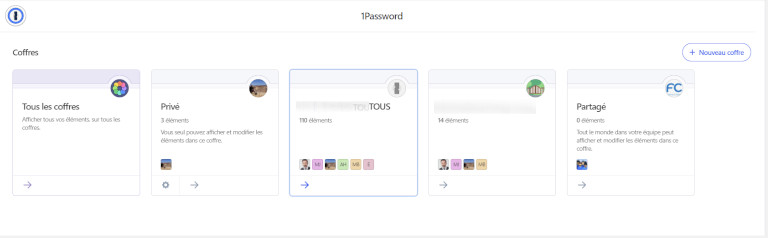 1Password nous permet de compartimenter les accès via des coffres-forts. 1Password coffre-fort