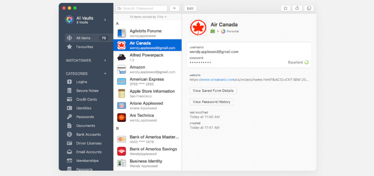 On peut aisément accéder à toutes les informations stockées dans notre compte 1Password. 1Password information comptes