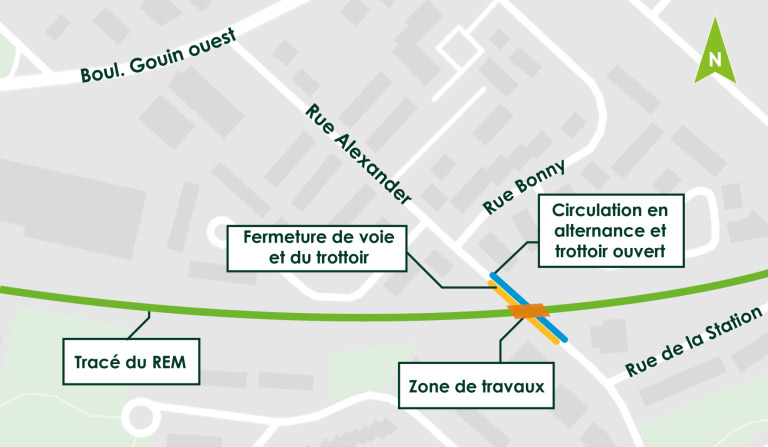 Carte de la zone de travaux du REM concernant la poursuite de la construction du viaduc Alexander