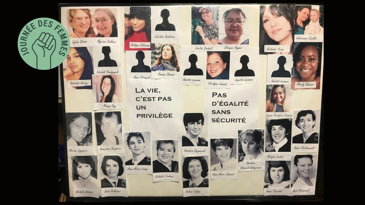 Les photos des victimes de Polytechnique et de celles de féminicide au Québec en 2021.