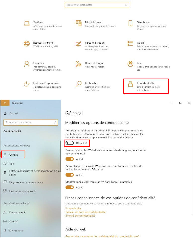 Comment d&eacute;sactiver identifiant publicitaire Windows 10 microsoft