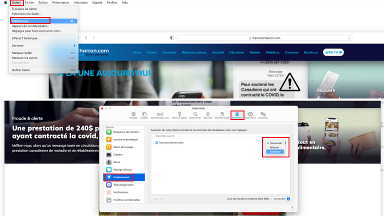 comment v&eacute;rifier r&eacute;gler quels sites acc&egrave;dent localisation Safari macOS