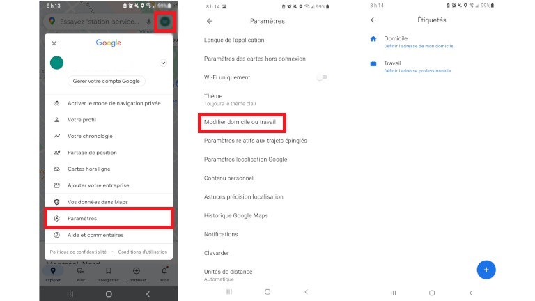 Google Maps changer adresse domicile travail t&eacute;l&eacute;phone intelligent