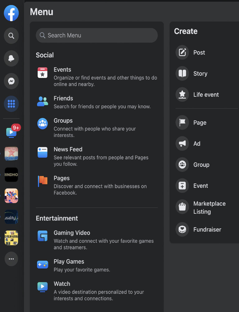 ic&ocirc;nes gauche &eacute;cran nouvelle interface Facebook Meta