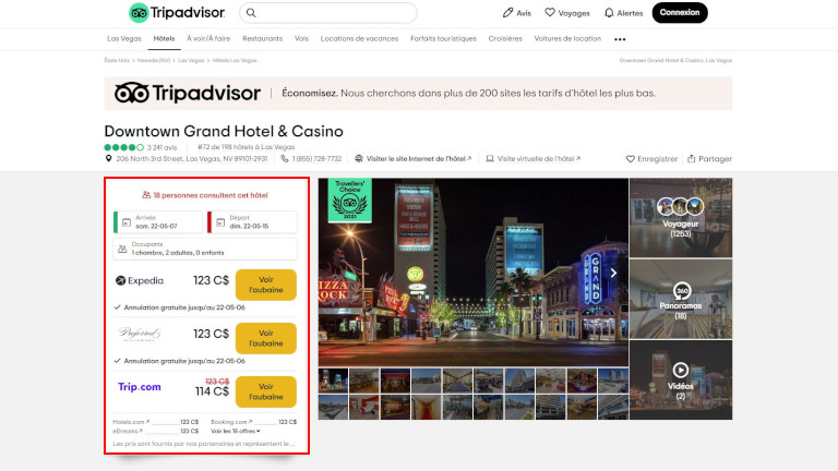 On peut trouver des comparaisons de prix pour les chambres d'hôtel, dépendamment ce qui est disponible. trip advisor site web internet réserver vacances séjour chambre hôtel hébergement