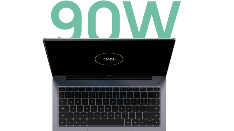 Grâce à son bloc de recharge de 90 W, l’ordinateur récupère 1h30 d’autonomie en 15 minutes. huawei matebook 14s recharge rapide 90 W