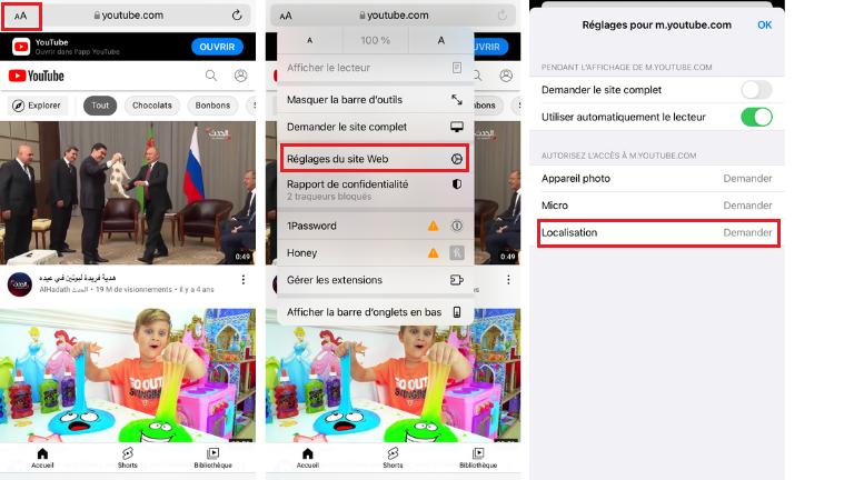 r&eacute;glages param&egrave;tres localisation sites-web individuels iOS