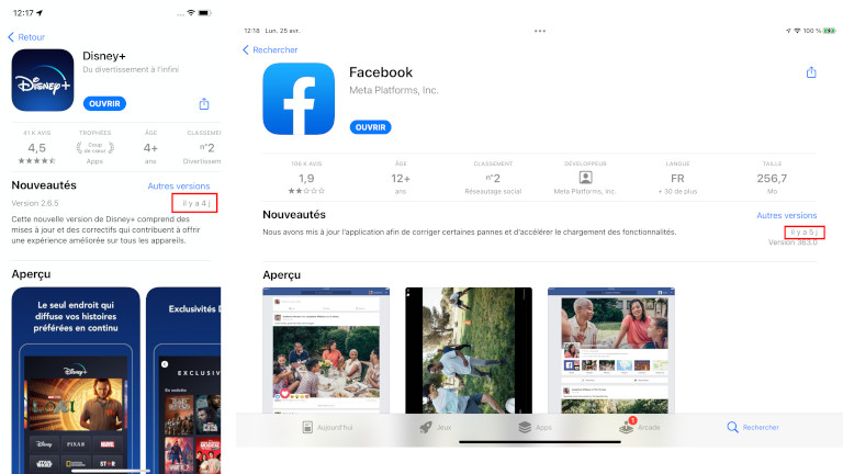 App Store mise &agrave; jour application 