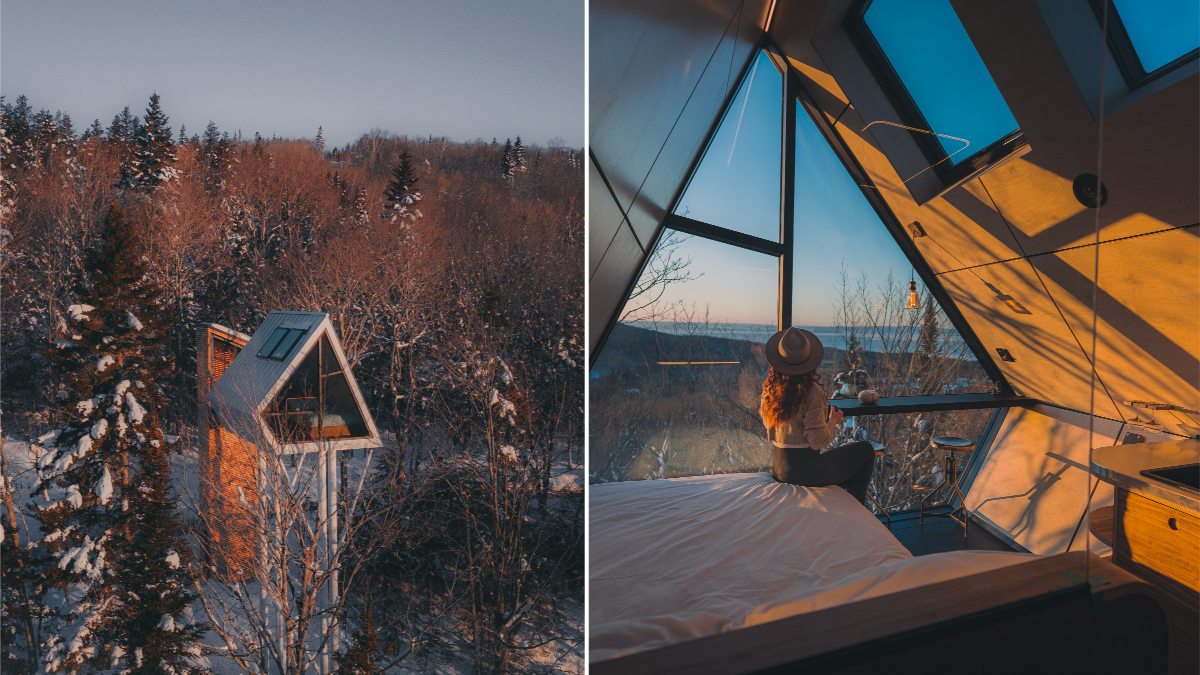 Un mini-chalet sur pilotis. À côté, une femme observe le fleuve Saint-Laurent dans le chalet.