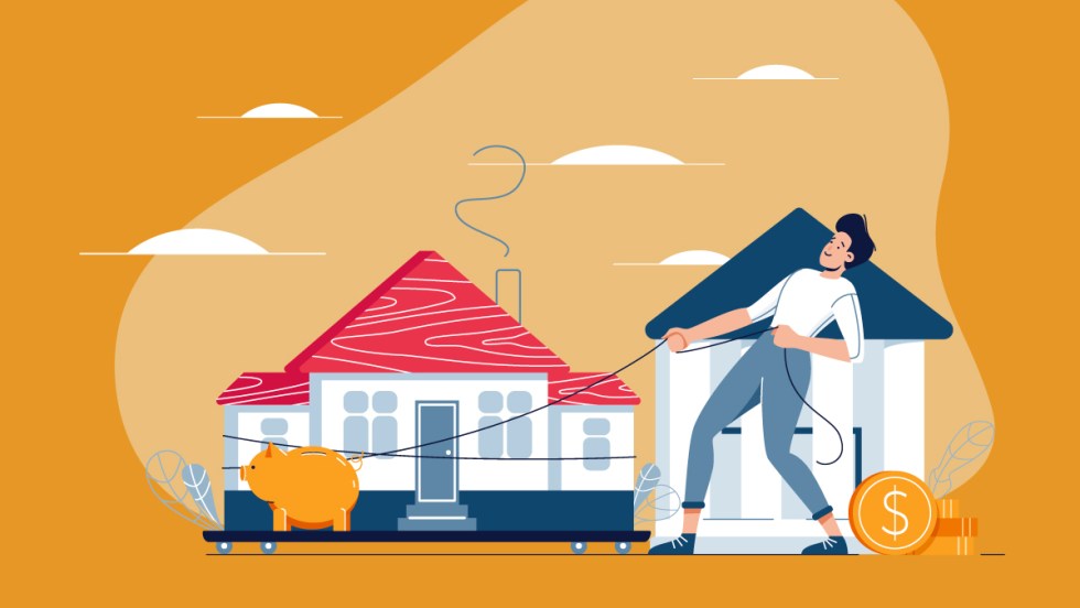 Illustration montrant un homme tirant sa tirelire devant une maison pour illustrer le fait d'économiser avec un CELIAPP comme moyen d'accès à la propriété