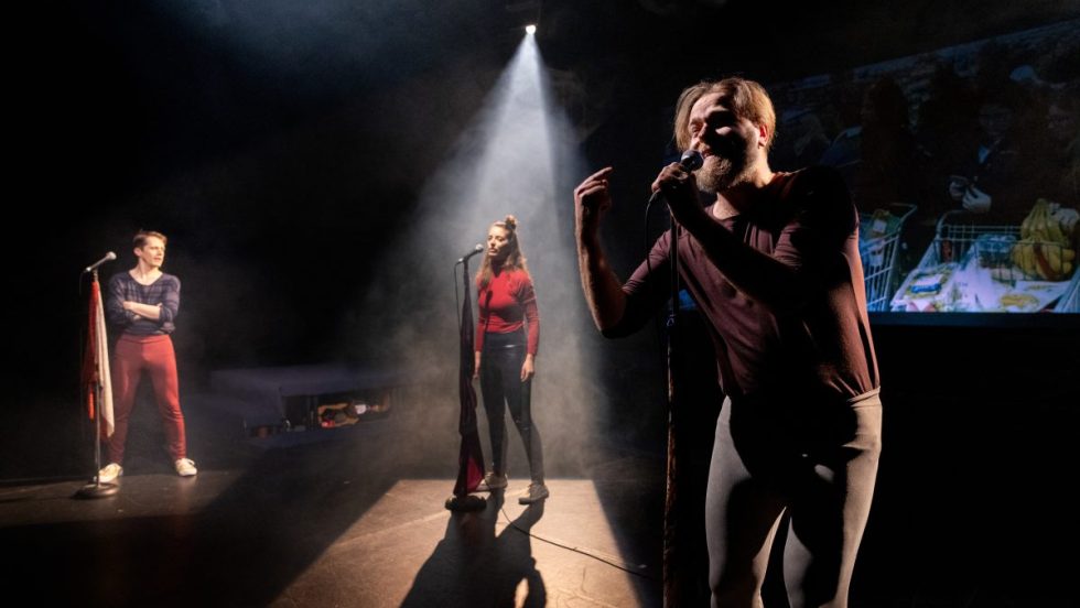 La pièce de théâtre amène le spectateur dans un futur proche et une société profondément divisée.