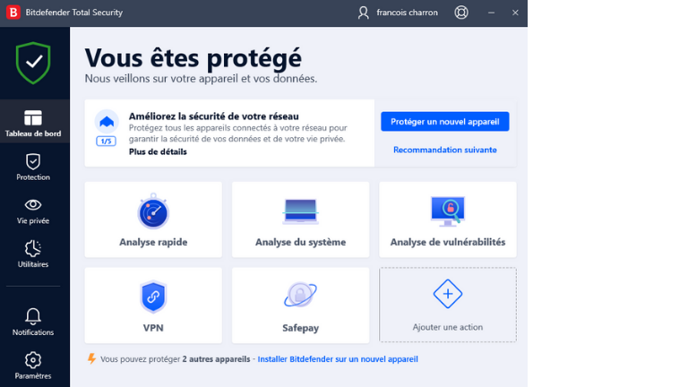 aper&ccedil;u interface facile ordinateur PC antivirus Bitdefender
