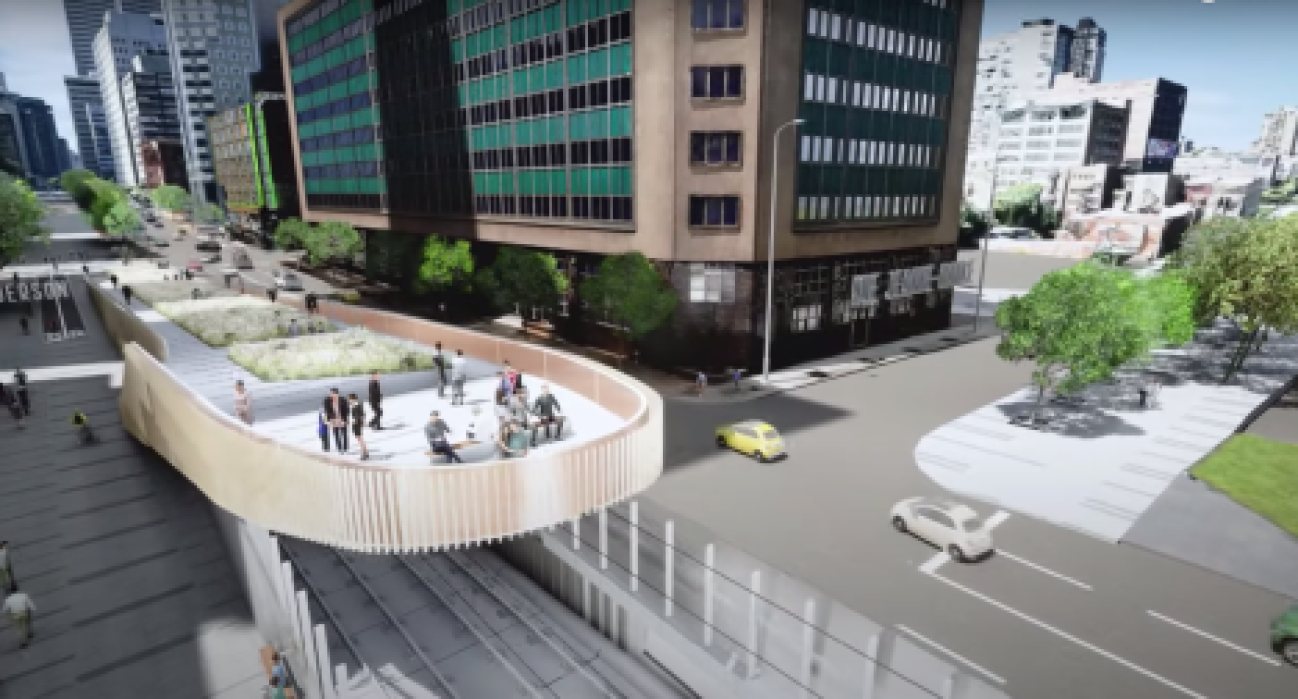 Rendu 3D du belvédère et de la promenade urbaine prévus sur le tronçon au centre-ville du futur REM de l'Est.
