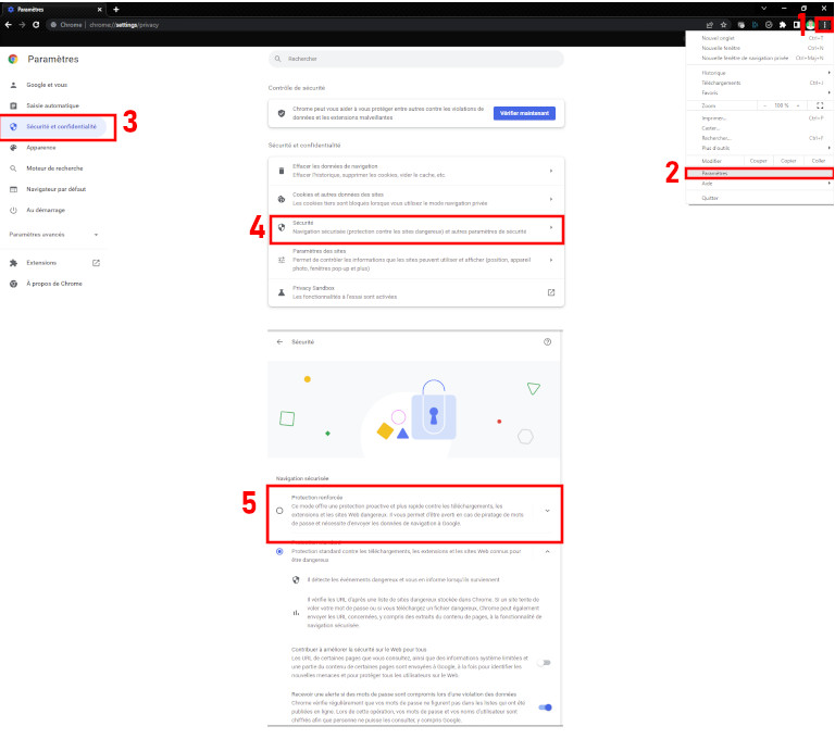 Comment activer la navigation s&eacute;curis&eacute;e avec protection renforc&eacute;e sur Google Chrome.
