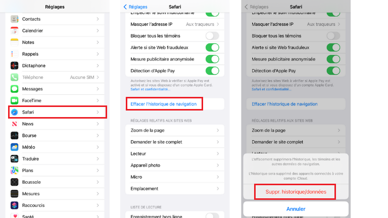 comment supprimer cache Safari iOS iPhone