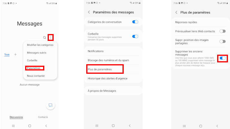 &Eacute;tapes supprimer messages textes Samsung