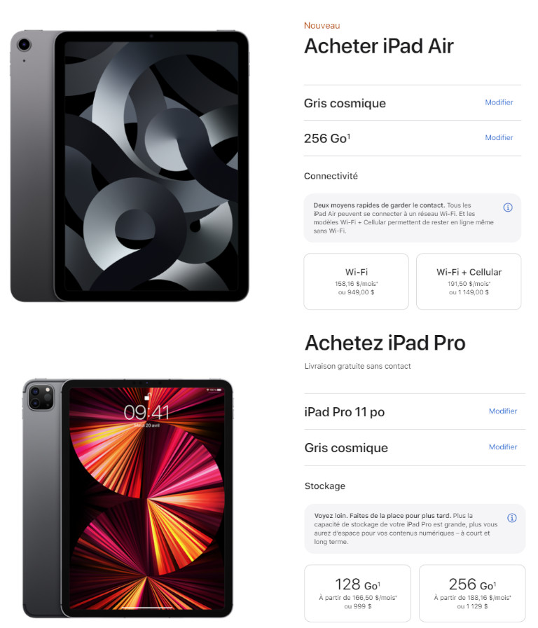 Différence prix iPad Air 5e gen et iPad Pro 11po
