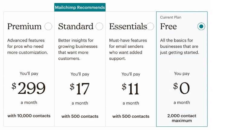 aper&ccedil;u forfaits mailchimp gestion infolettres entreprises
