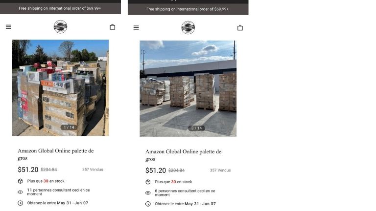 Pas une boîte, mais une PALETTE à liquider pour une cinquantaine de dollars seulement? Trop beau pour être vrai! aperçu palettes Amazon vente fraude arnaque