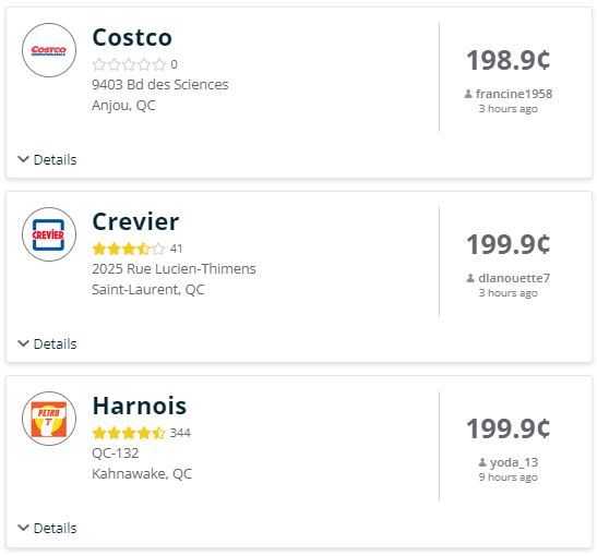 aper&ccedil;u prix essence moins ch&egrave;re Montr&eacute;al Gas Buddy