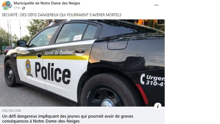 L’avertissement qui peut être aperçu sur la page Facebook de la municipalité de Notre Dame des Neiges. aperçu publication mise en garde notre dame des neiges
