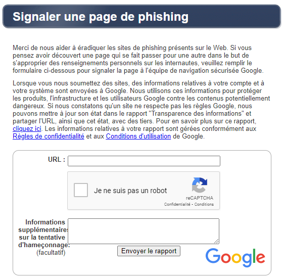 comment signaler page phishing &agrave; Google