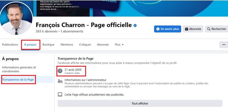 On peut par exemple voir que ma page Facebook a été créée le 31 août 2009. transparence page Facebook date création indice anti-fraude